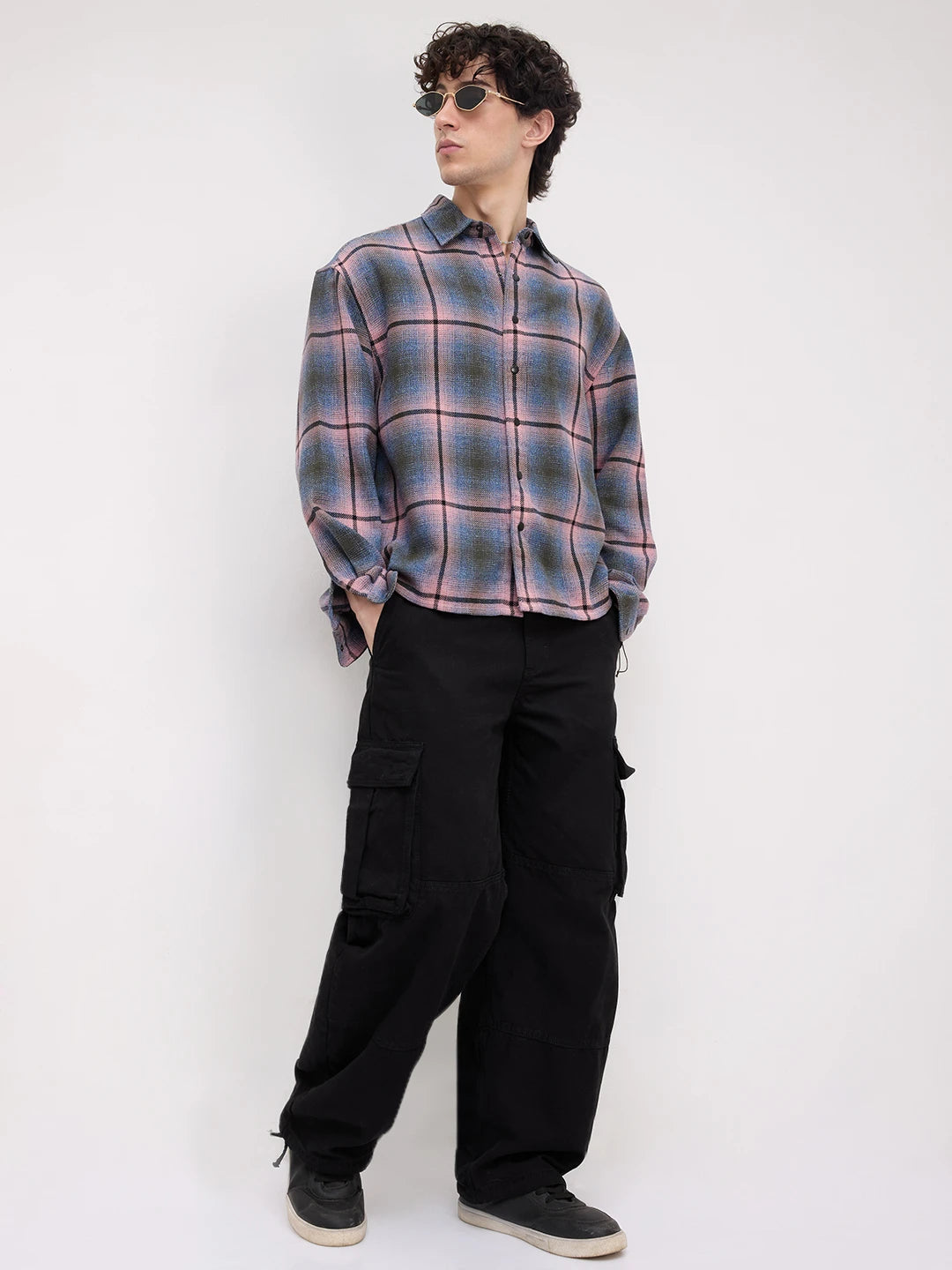 Pink & Blue Flannel Plaid Checks Boxy Fit Crop Shirt