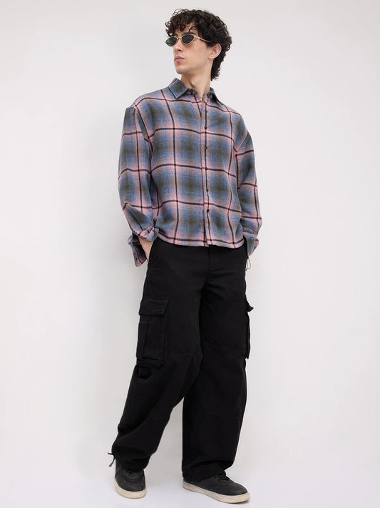 Pink & Blue Flannel Plaid Checks Boxy Fit Crop Shirt