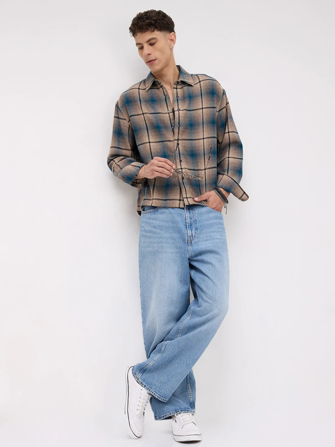 Teal & Khaki Plaid Checks Flannel Boxy Fit Crop Shirt