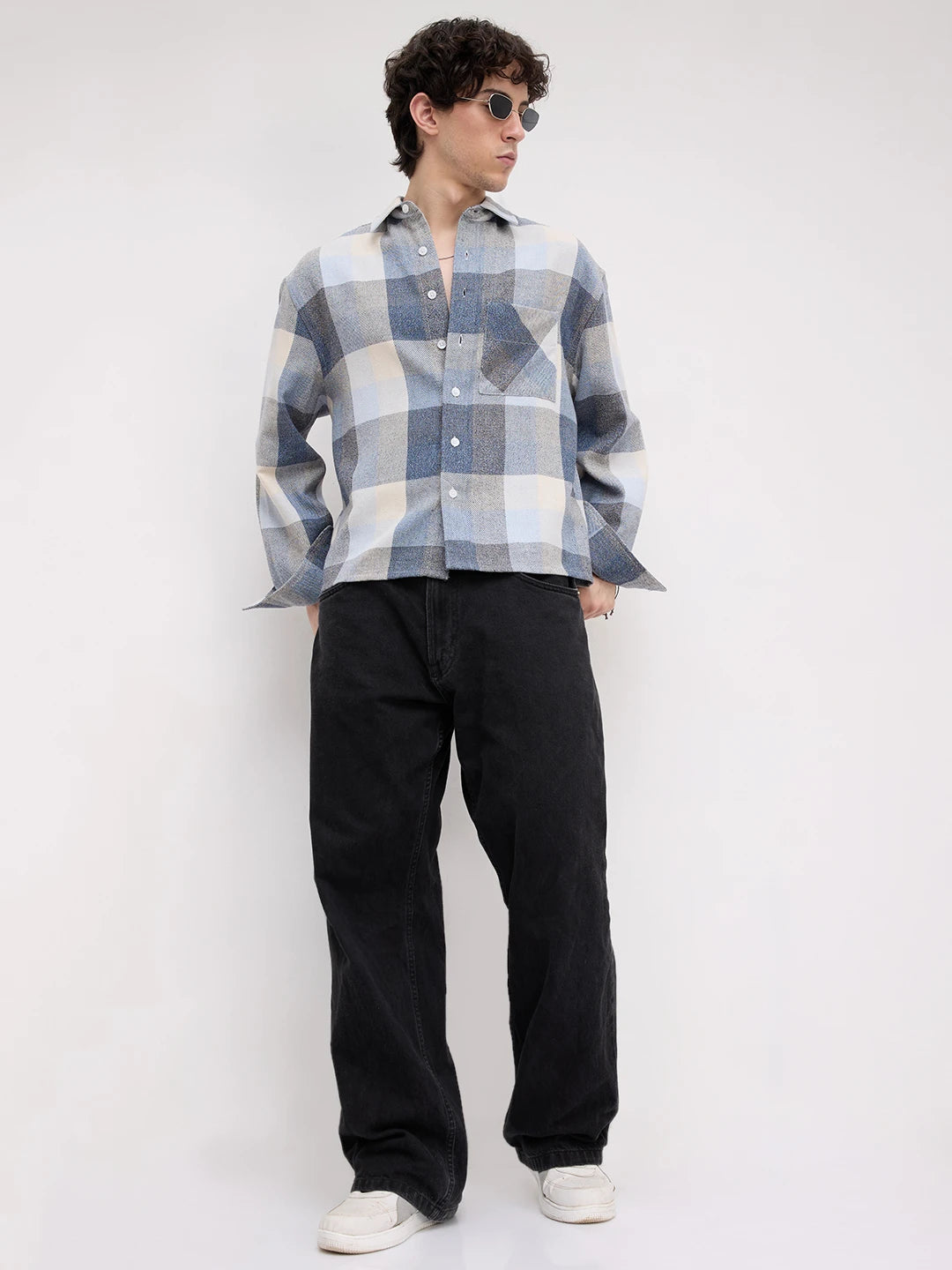 Navy & Blue Broad Checks Boxy Fit Flannel Crop Shirt
