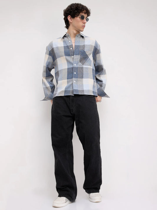 Navy & Blue Broad Checks Boxy Fit Flannel Crop Shirt