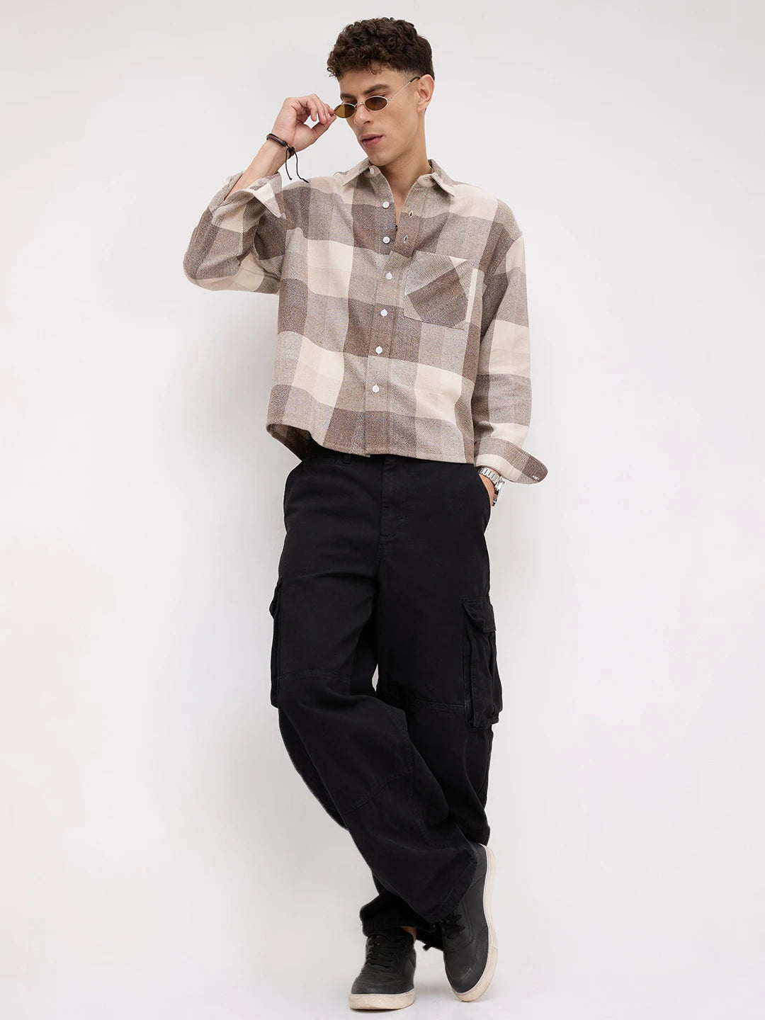 Beige & Brown Square Flannel Checks Boxy Fit Crop Shirt