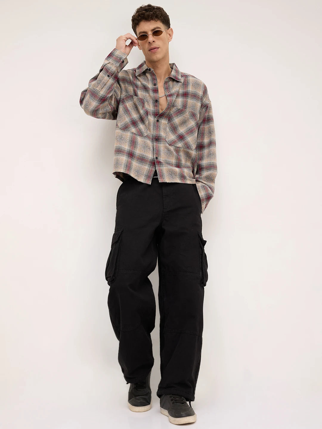 Maroon & Beige Twill Checks Boxy Fit Twin Pocket Crop Shirt