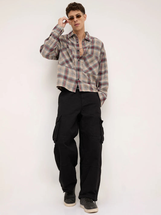 Maroon & Beige Twill Checks Boxy Fit Twin Pocket Crop Shirt