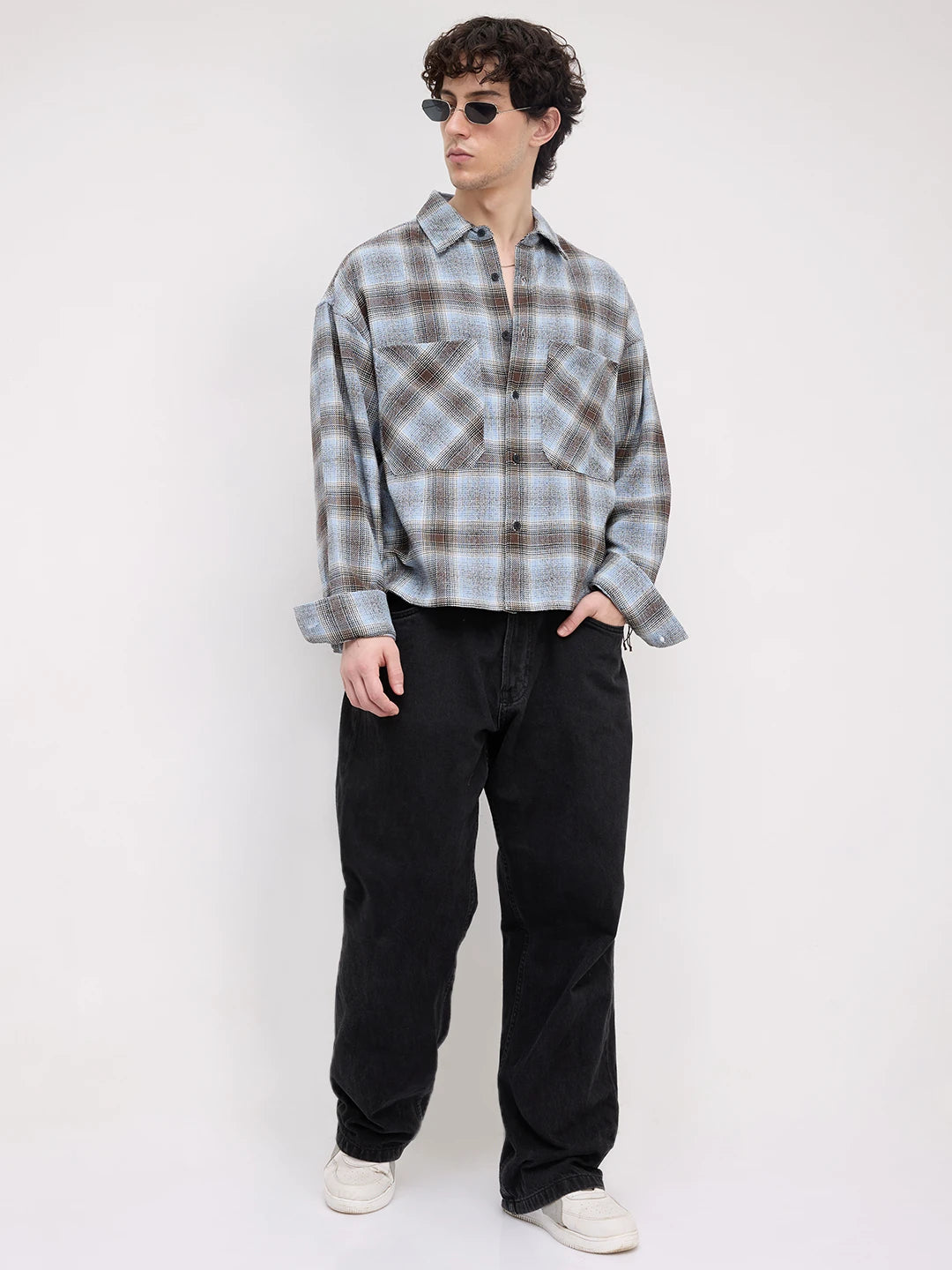 Sky Blue & Brown Flannel Plaid Checks Twin Pocket Crop Shirt