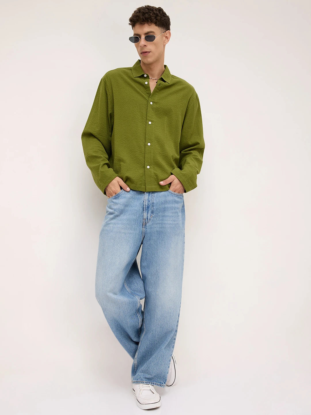 Forest Green Seersucker Cuffless Oversized Shirt