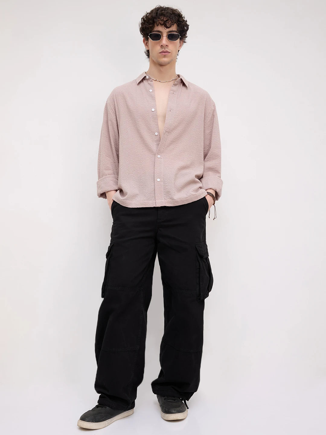 French Beige Seersucker Cuffless Oversized Crop Shirt