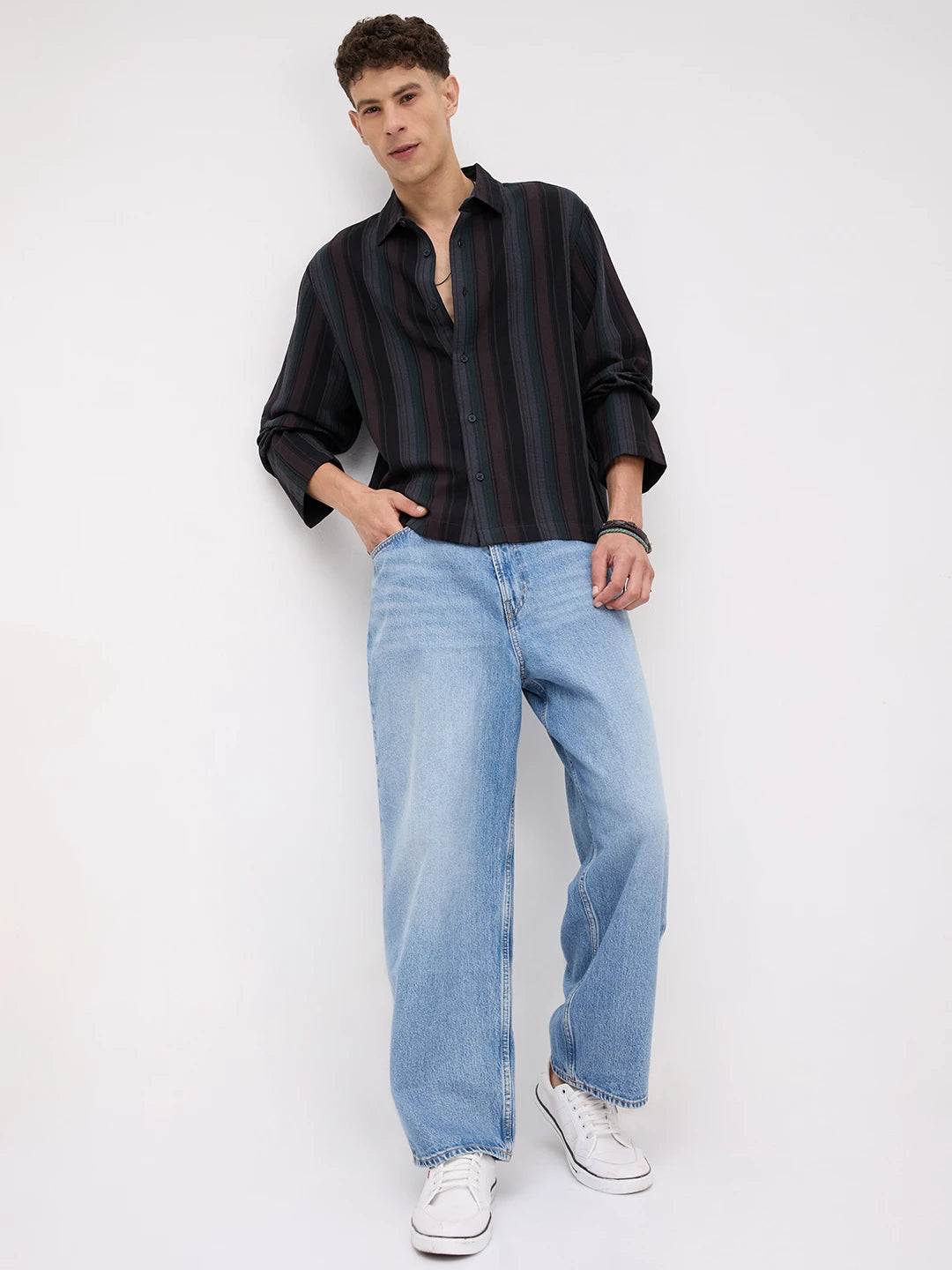 Luxe Brown Multi-Striped Cuffless Oversized Shirt