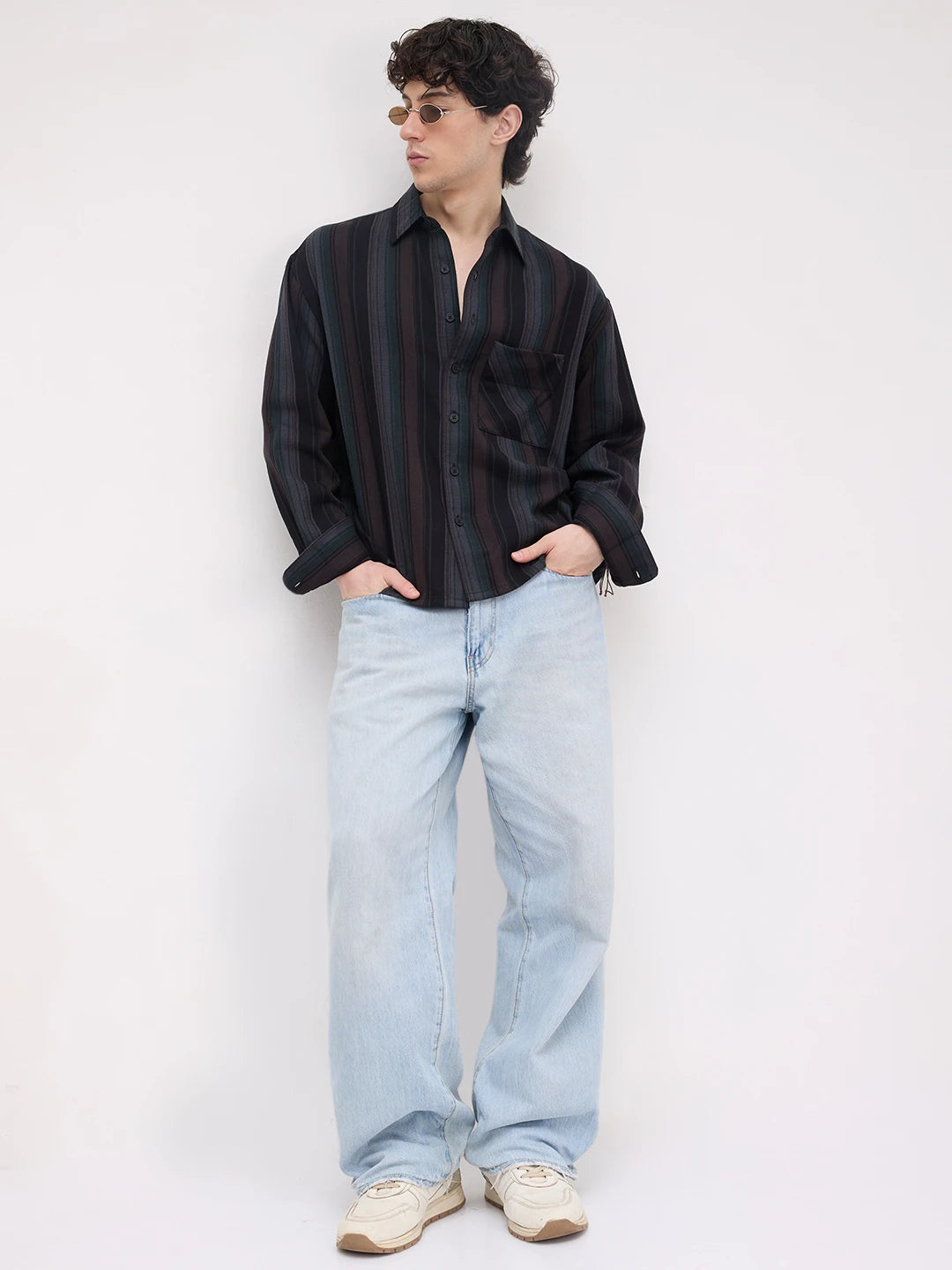 Luxe Coffee Brown Multi-Striped Boxy Fit Crop Shirt