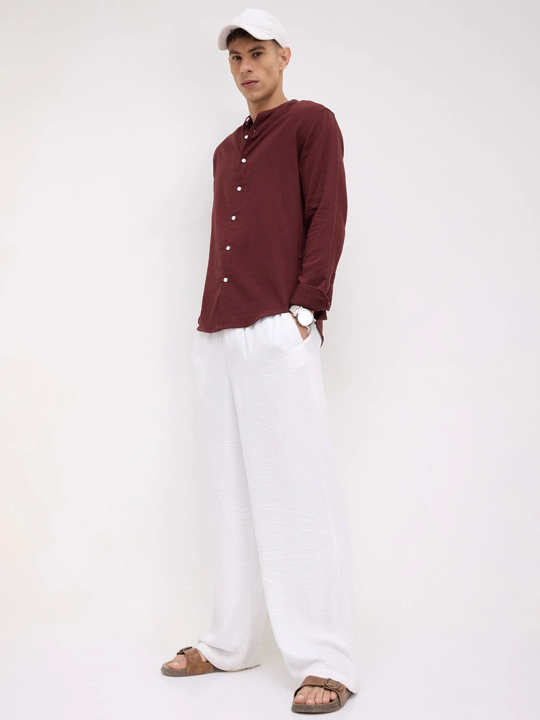 Deep Rust Herringbone Textured Mandarin Shirt