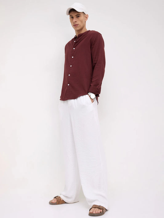 Deep Rust Herringbone Textured Mandarin Shirt