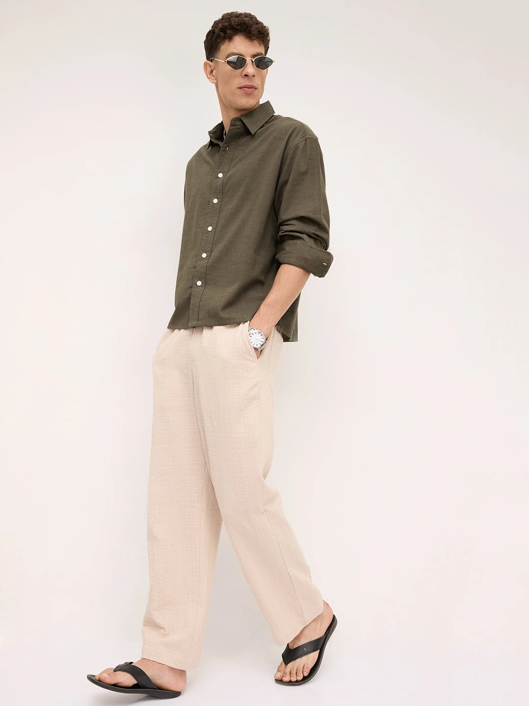 Refined Olive Micro Square Textured Boxy Fit Crop Shirt