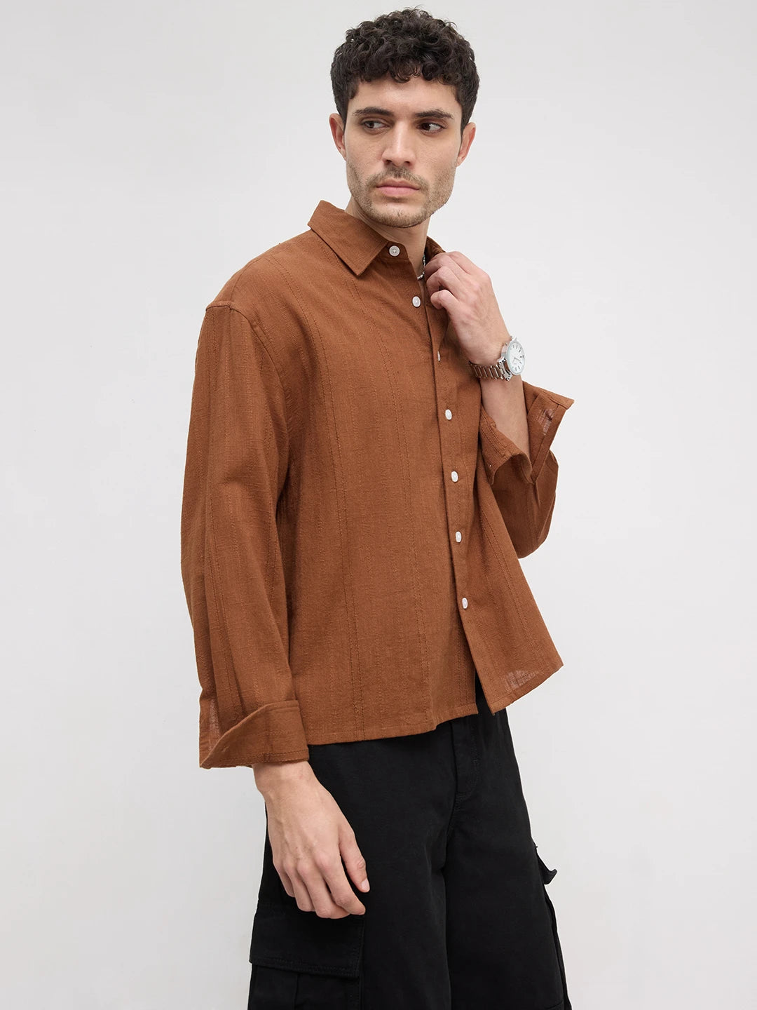 Iconic Brown Sheer Striped Boxy Fit Crop Shirt