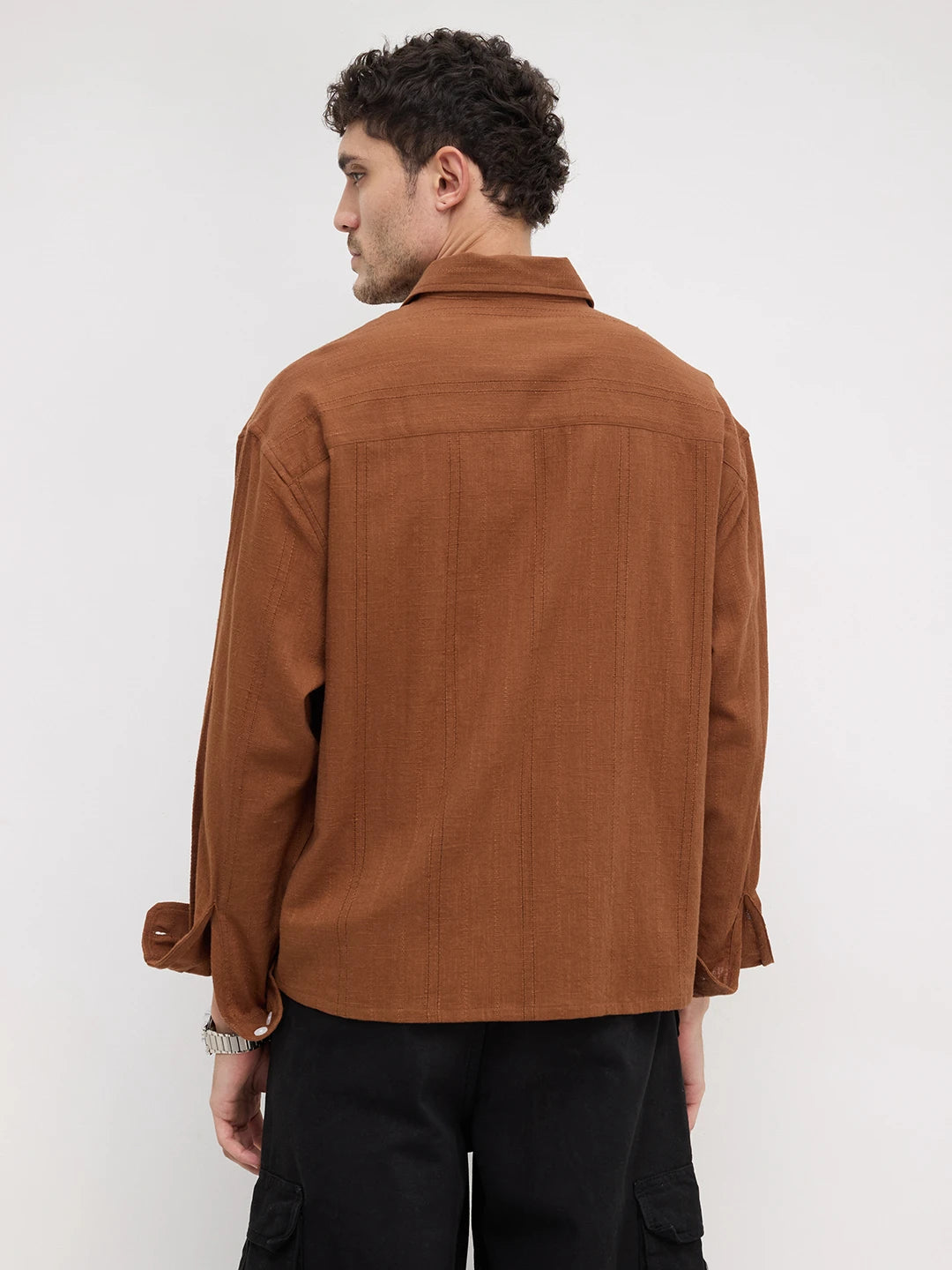 Iconic Brown Sheer Striped Boxy Fit Crop Shirt