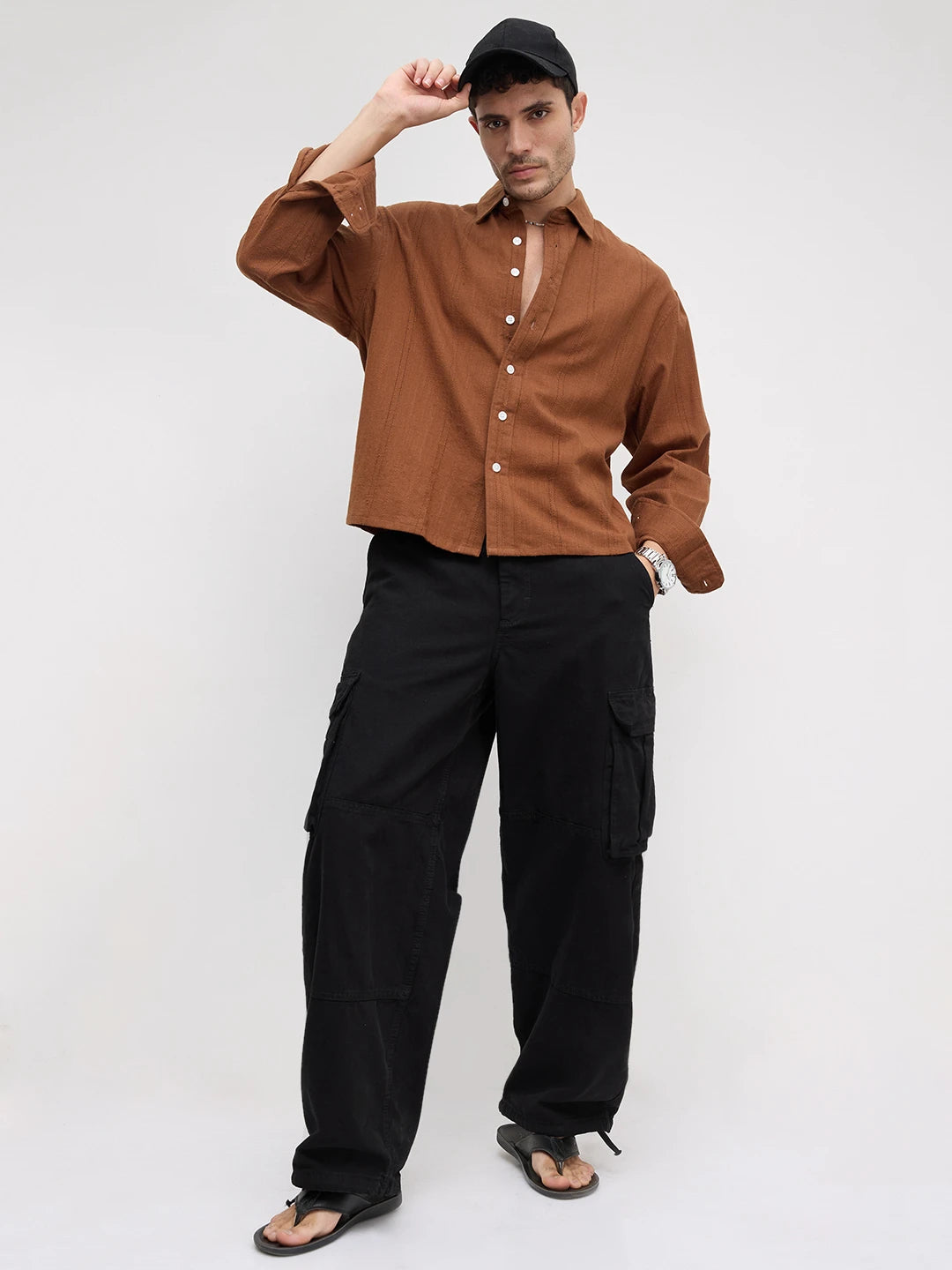 Iconic Brown Sheer Striped Boxy Fit Crop Shirt