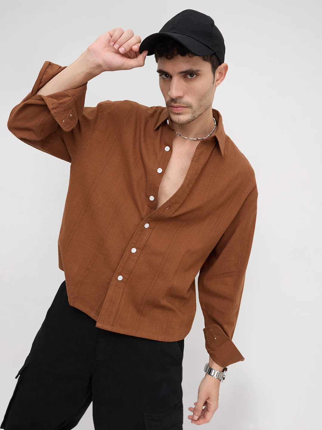 Iconic Brown Sheer Striped Boxy Fit Crop Shirt
