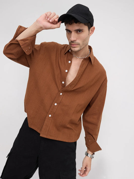 Iconic Brown Sheer Striped Boxy Fit Crop Shirt