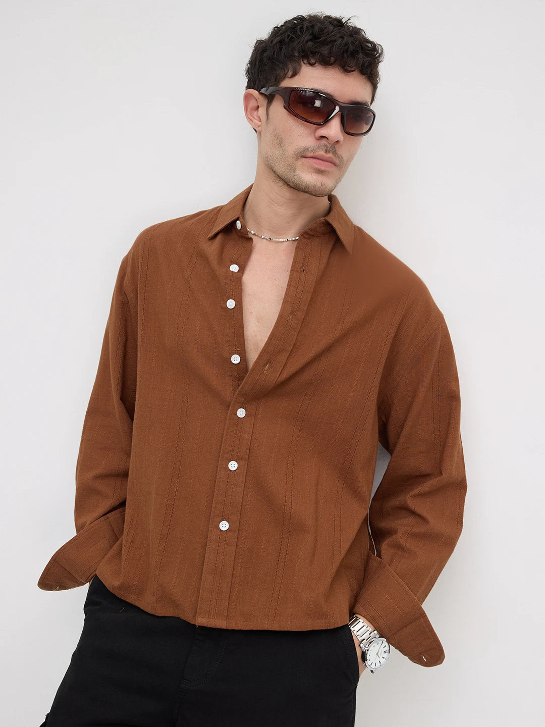 Iconic Brown Sheer Striped Boxy Fit Crop Shirt