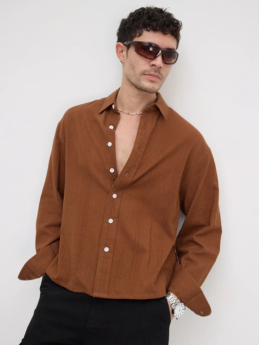 Iconic Brown Sheer Striped Boxy Fit Crop Shirt