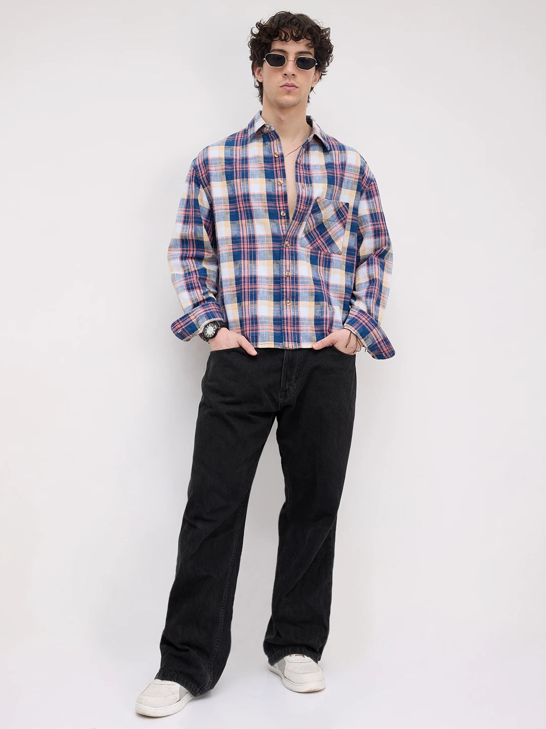 Luxe Denim Coral Pink Plaid Checks Boxy Fit Crop Shirt