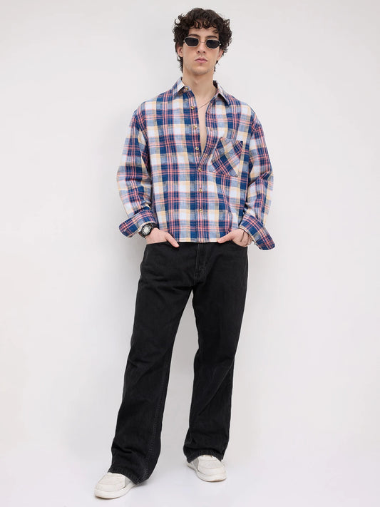 Luxe Denim Coral Pink Plaid Checks Boxy Fit Crop Shirt