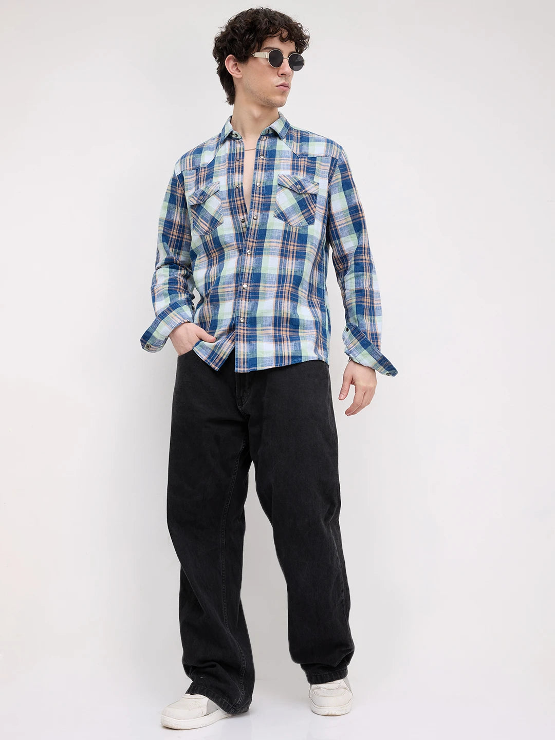 Luxe Denim Contrast Plaid Checks Twin Pocket Shirt