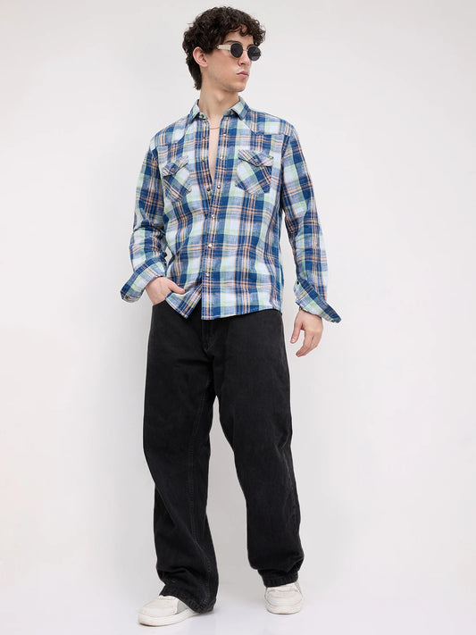 Luxe Denim Contrast Plaid Checks Twin Pocket Shirt