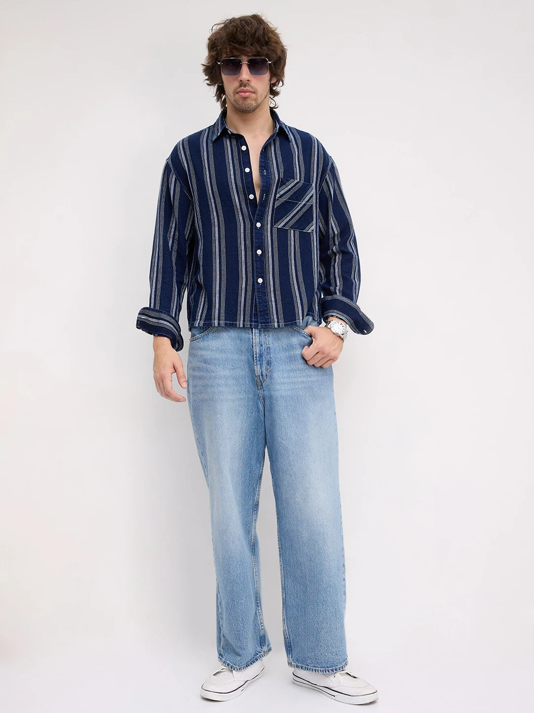 Artisan Midnight Navy Striped Denim Boxy Fit Crop Shirt