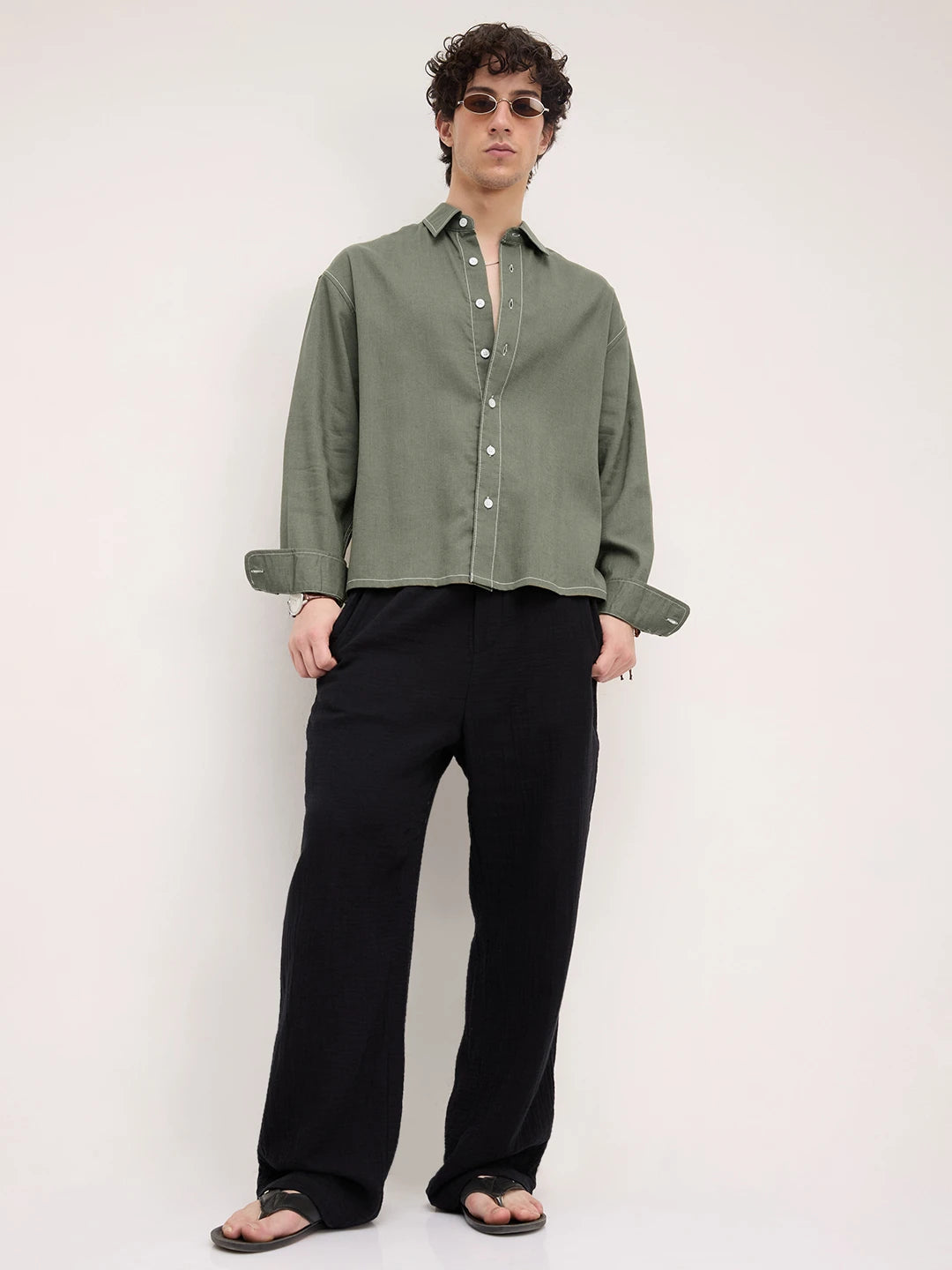 Luxe Olive Canvas Linen Blend Boxy Fit Crop Shirt