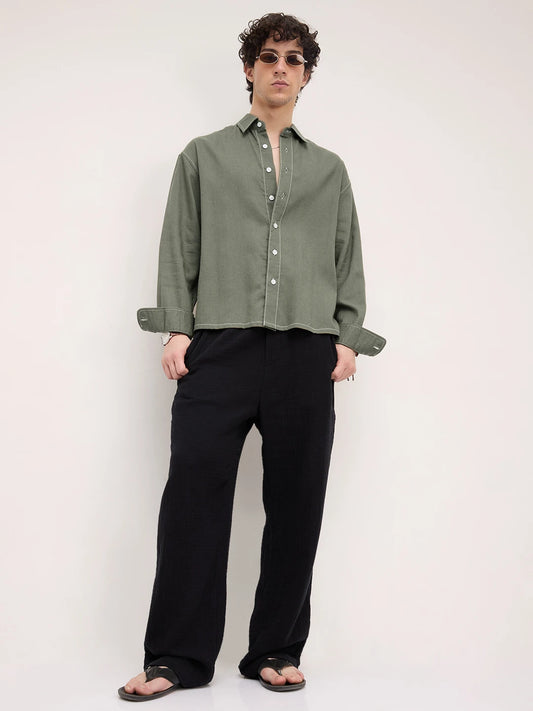 Luxe Olive Canvas Linen Blend Boxy Fit Crop Shirt