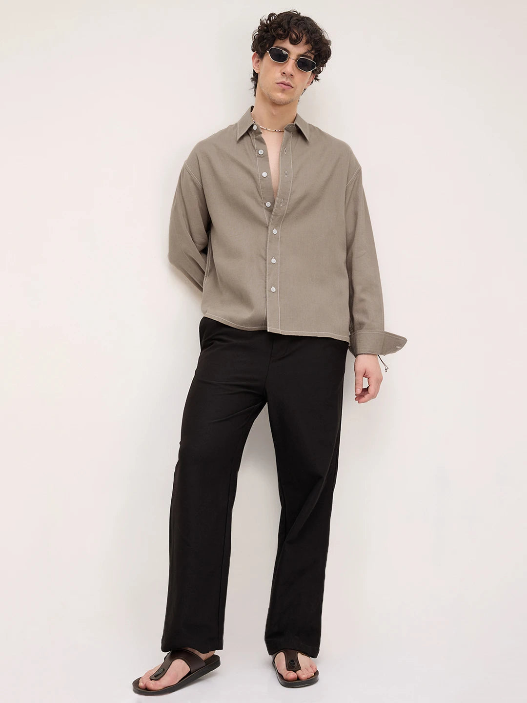 Luxe Soft Khaki Linen Blend Boxy Fit Crop Shirt