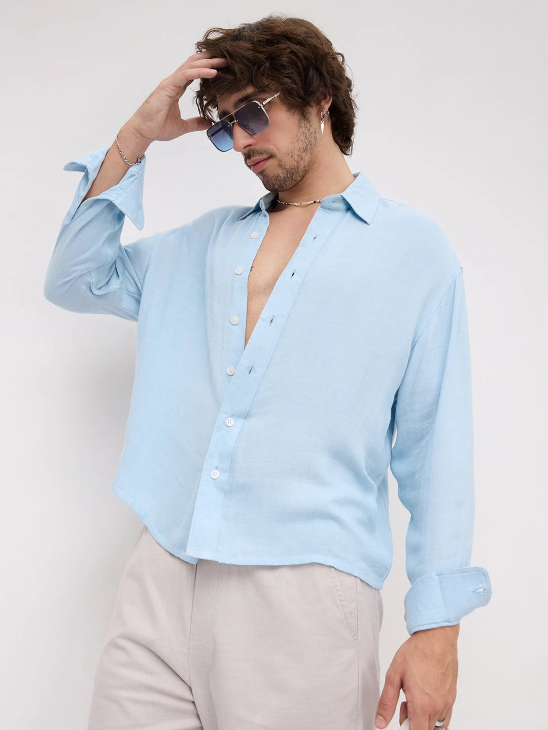 Plush Artic Blue Airloom Double Cloth Boxy Fit Crop Shirt