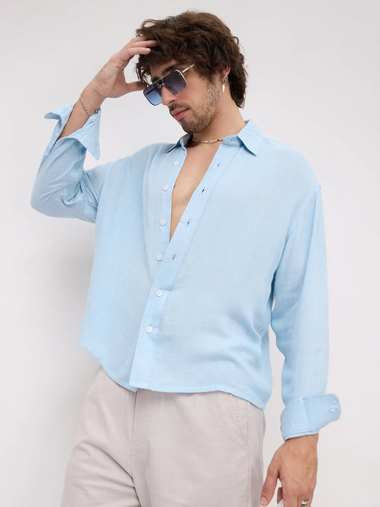 Plush Artic Blue Airloom Double Cloth Boxy Fit Crop Shirt