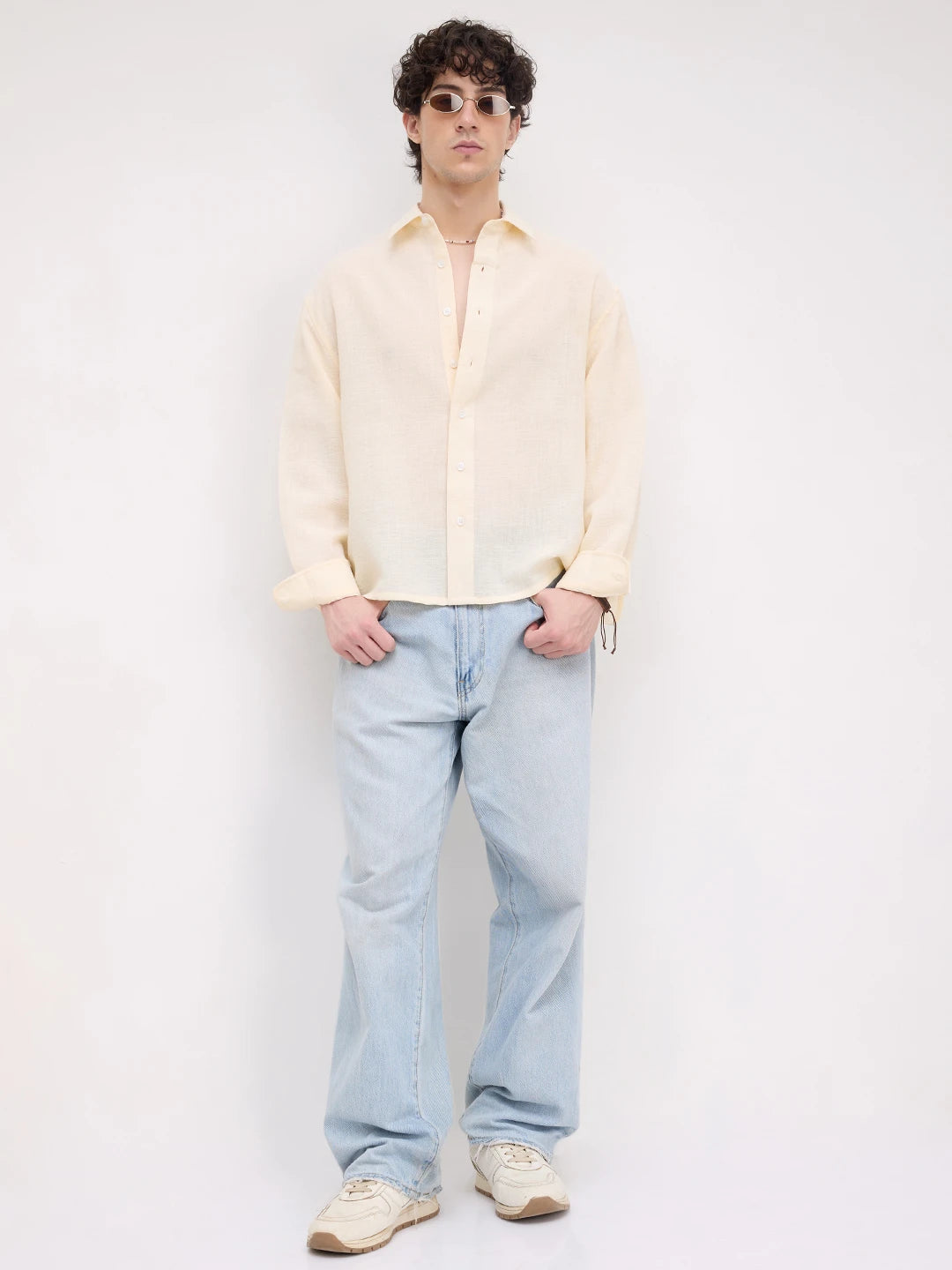 Plush Butter Yellow Sheer Weave Boxy Fit Crop Shirt