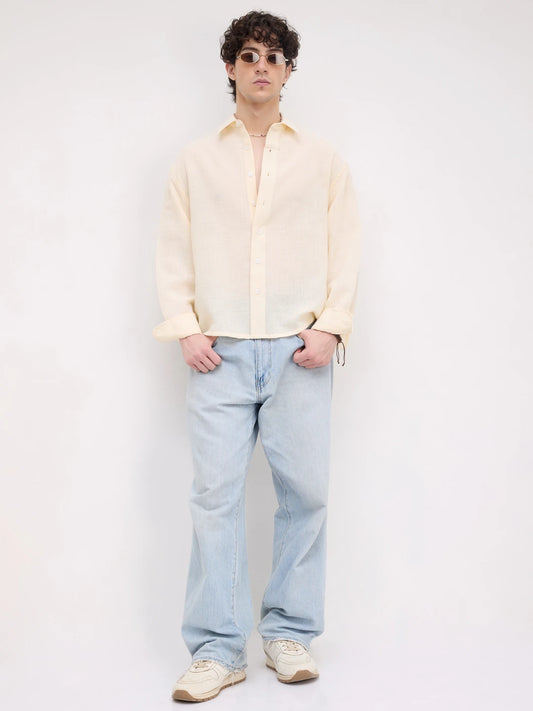 Plush Butter Yellow Sheer Weave Boxy Fit Crop Shirt