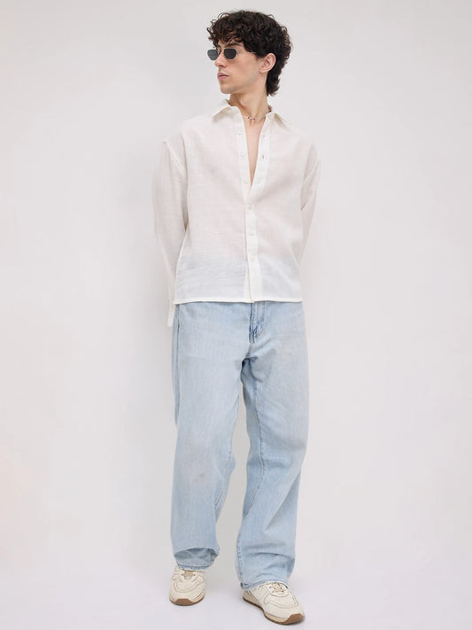 Plush Frost White Sheer Weave Boxy Fit Crop Shirt
