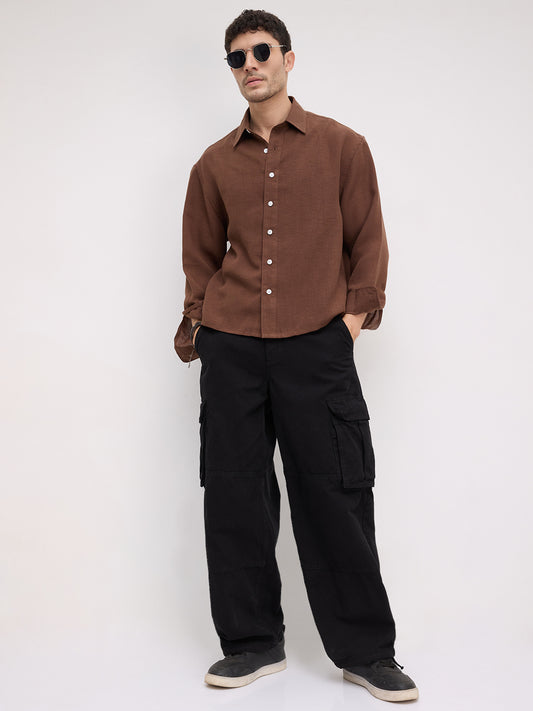 Plush Chocolate Brown Sheer Weave Boxy Fit Crop Shirt