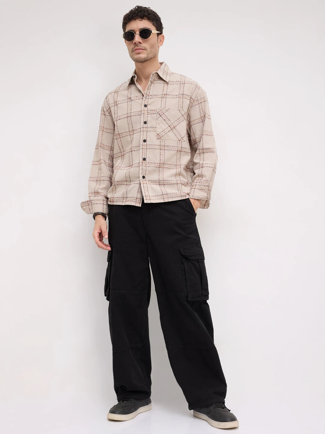 Sunbaked Canvas Weave Plaid Checks Boxy Fit Crop Shirt