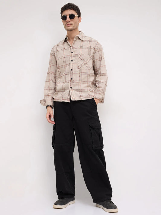 Sunbaked Canvas Weave Plaid Checks Boxy Fit Crop Shirt
