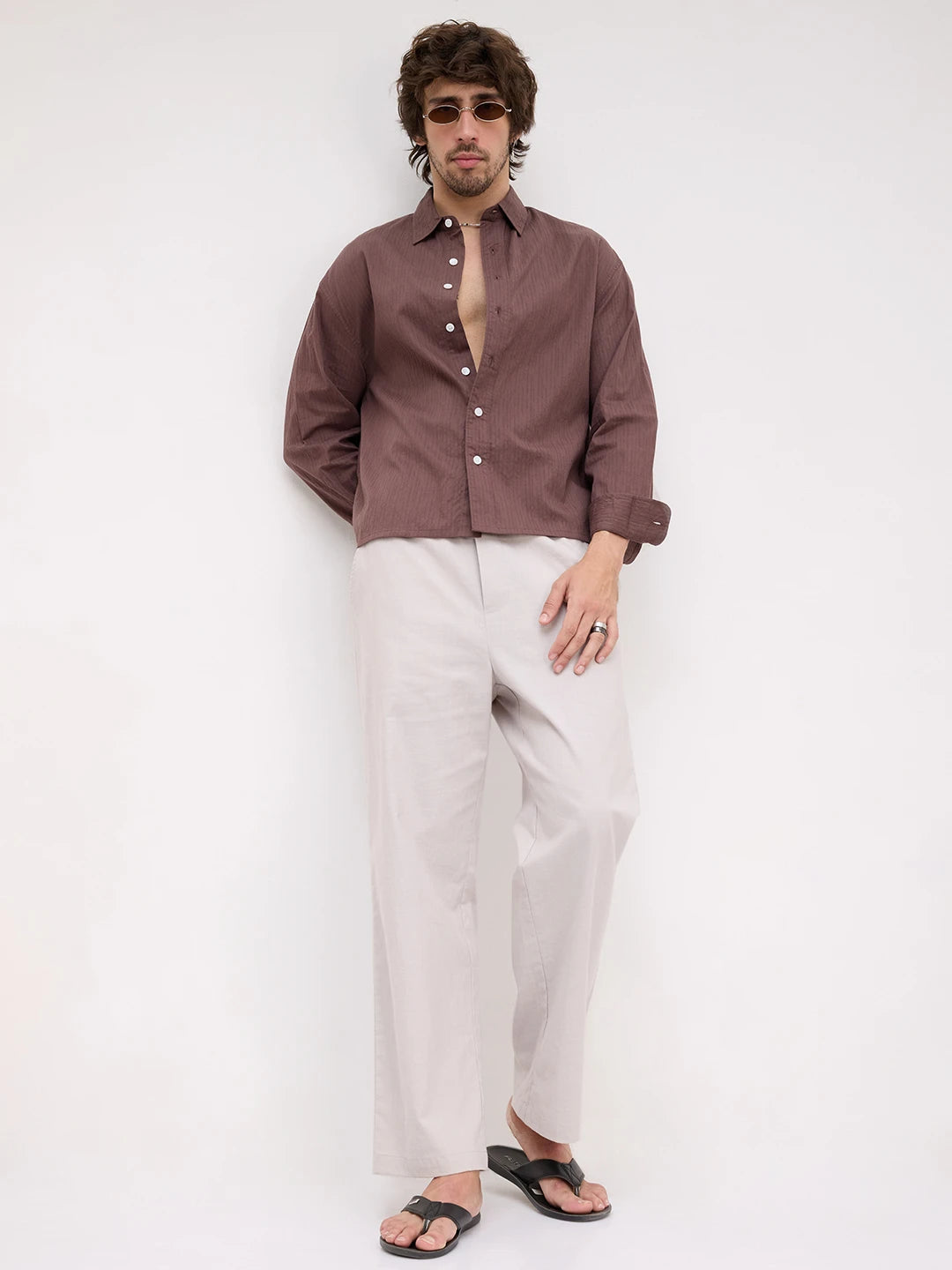 Deep Bark Brown Fine Textured Boxy Fit Crop Shirt