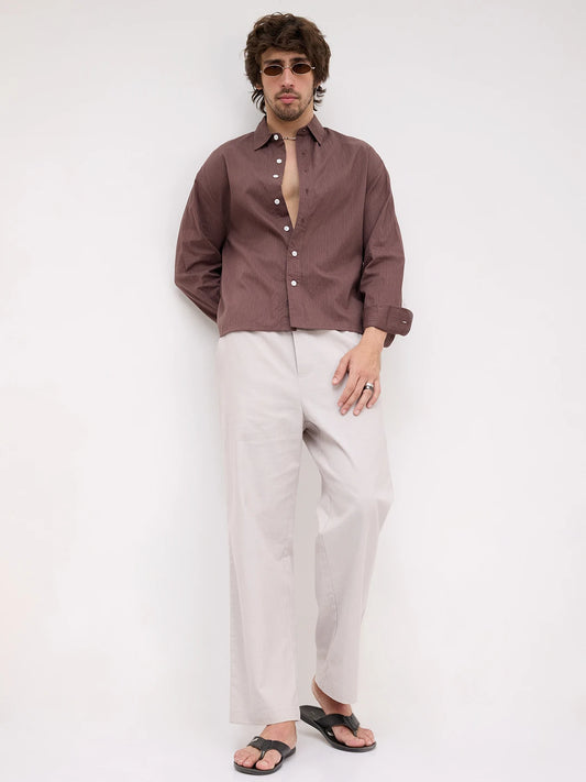 Deep Bark Brown Fine Textured Boxy Fit Crop Shirt