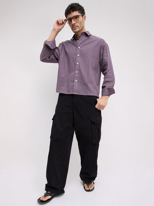 Purplish Mauve Fine Textured Boxy Fit Crop Shirt