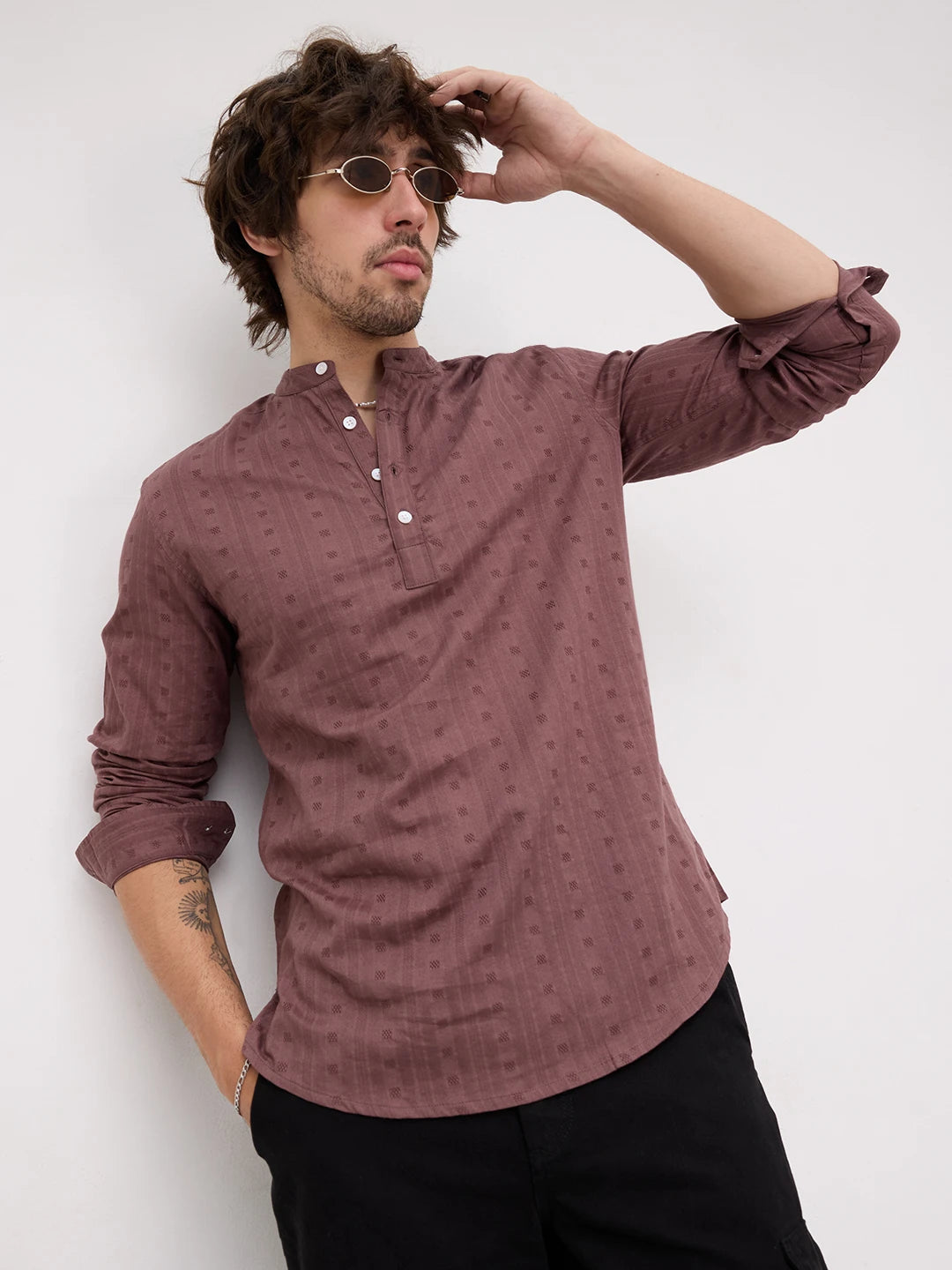 Iconic Rosewood Brown Dobby Striped Kurta
