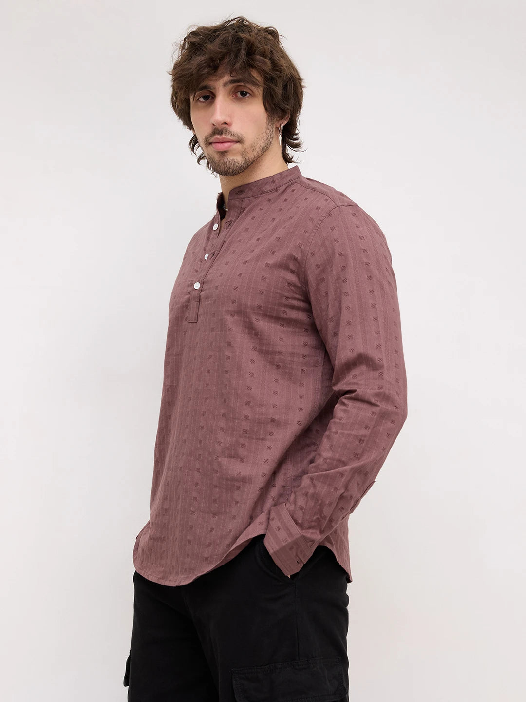 Iconic Rosewood Brown Dobby Striped Kurta