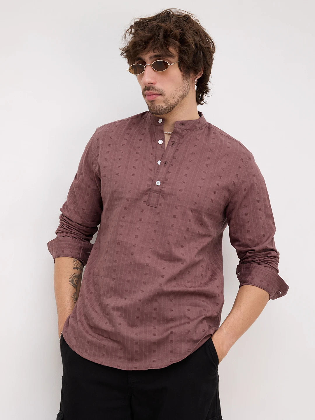 Iconic Rosewood Brown Dobby Striped Kurta