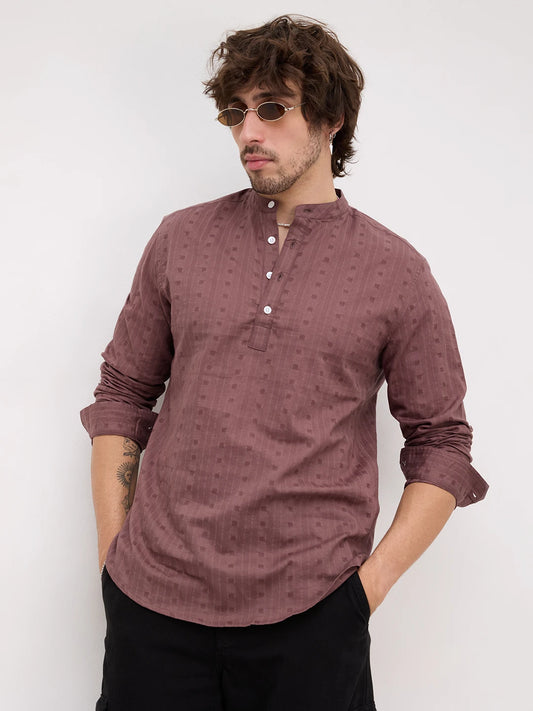 Iconic Rosewood Brown Dobby Striped Kurta