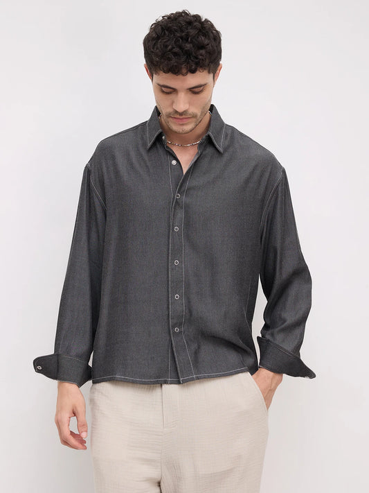 Black Soft Sheen Woven Boxy Fit Crop Shirt