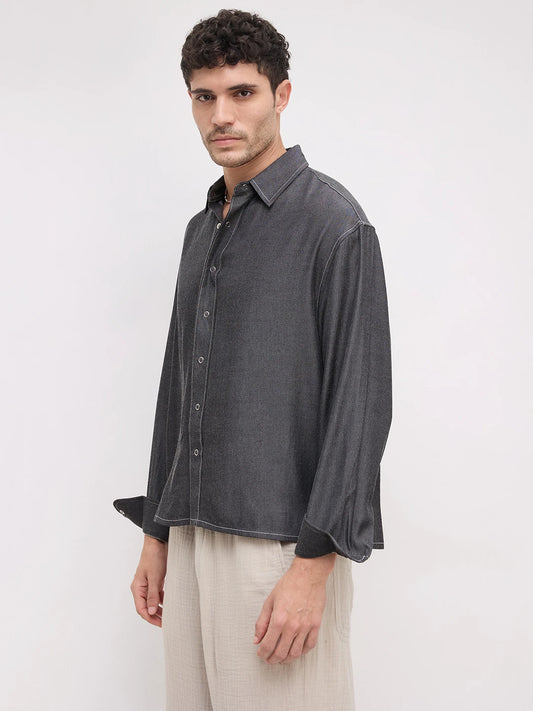 Black Soft Sheen Woven Boxy Fit Crop Shirt