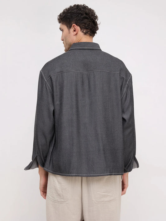 Black Soft Sheen Woven Boxy Fit Crop Shirt