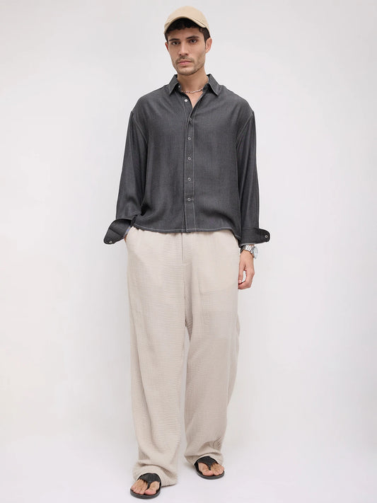 Black Soft Sheen Woven Boxy Fit Crop Shirt